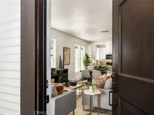 Open door view into a living room with gray sofas, cushions, and decor plants.